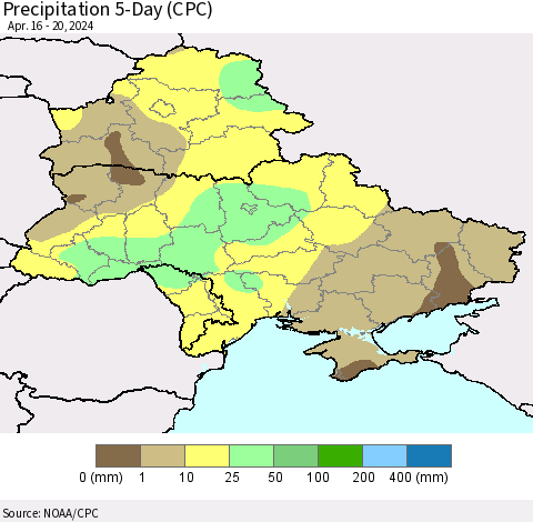 Ukraine, Moldova and Belarus Precipitation 5-Day (CPC) Thematic Map For 4/16/2024 - 4/20/2024
