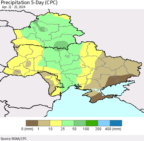 Ukraine, Moldova and Belarus Precipitation 5-Day (CPC) Thematic Map For 4/21/2024 - 4/25/2024