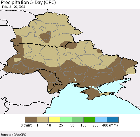 Ukraine, Moldova and Belarus Precipitation 5-Day (CPC) Thematic Map For 2/16/2025 - 2/20/2025