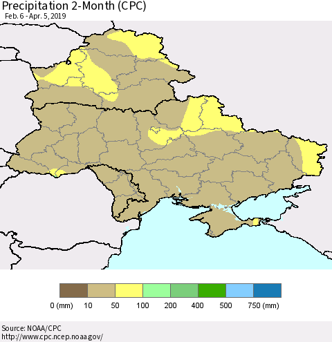 Ukraine, Moldova and Belarus Precipitation 2-Month (CPC) Thematic Map For 2/6/2019 - 4/5/2019