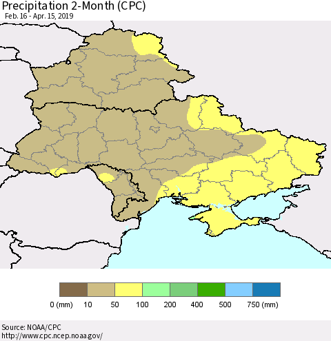 Ukraine, Moldova and Belarus Precipitation 2-Month (CPC) Thematic Map For 2/16/2019 - 4/15/2019
