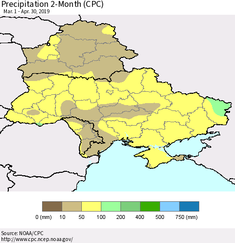 Ukraine, Moldova and Belarus Precipitation 2-Month (CPC) Thematic Map For 3/1/2019 - 4/30/2019