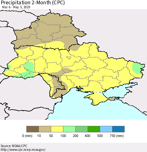 Ukraine, Moldova and Belarus Precipitation 2-Month (CPC) Thematic Map For 3/6/2019 - 5/5/2019