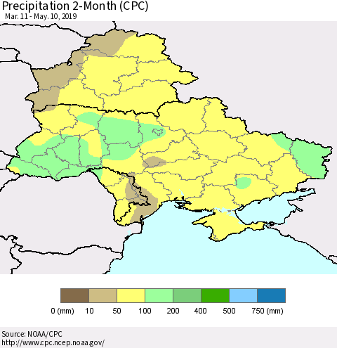 Ukraine, Moldova and Belarus Precipitation 2-Month (CPC) Thematic Map For 3/11/2019 - 5/10/2019