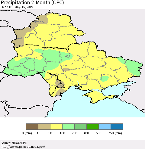 Ukraine, Moldova and Belarus Precipitation 2-Month (CPC) Thematic Map For 3/16/2019 - 5/15/2019