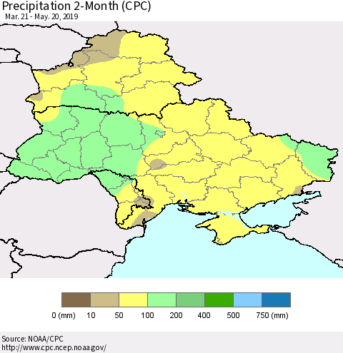 Ukraine, Moldova and Belarus Precipitation 2-Month (CPC) Thematic Map For 3/21/2019 - 5/20/2019