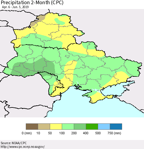 Ukraine, Moldova and Belarus Precipitation 2-Month (CPC) Thematic Map For 4/6/2019 - 6/5/2019