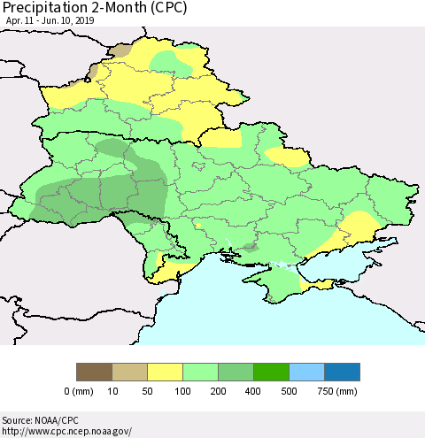 Ukraine, Moldova and Belarus Precipitation 2-Month (CPC) Thematic Map For 4/11/2019 - 6/10/2019