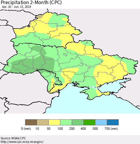 Ukraine, Moldova and Belarus Precipitation 2-Month (CPC) Thematic Map For 4/16/2019 - 6/15/2019