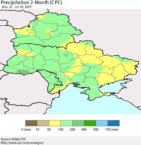 Ukraine, Moldova and Belarus Precipitation 2-Month (CPC) Thematic Map For 5/21/2019 - 7/20/2019