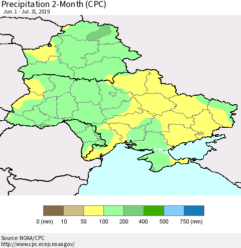 Ukraine, Moldova and Belarus Precipitation 2-Month (CPC) Thematic Map For 6/1/2019 - 7/31/2019