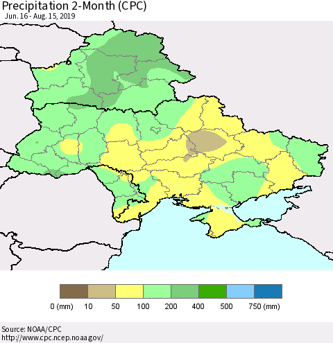 Ukraine, Moldova and Belarus Precipitation 2-Month (CPC) Thematic Map For 6/16/2019 - 8/15/2019