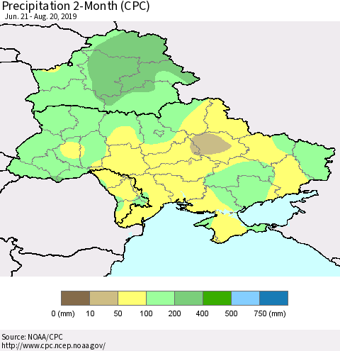 Ukraine, Moldova and Belarus Precipitation 2-Month (CPC) Thematic Map For 6/21/2019 - 8/20/2019