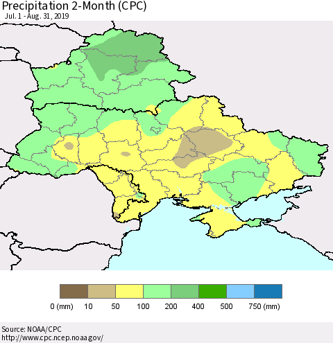 Ukraine, Moldova and Belarus Precipitation 2-Month (CPC) Thematic Map For 7/1/2019 - 8/31/2019