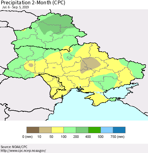 Ukraine, Moldova and Belarus Precipitation 2-Month (CPC) Thematic Map For 7/6/2019 - 9/5/2019