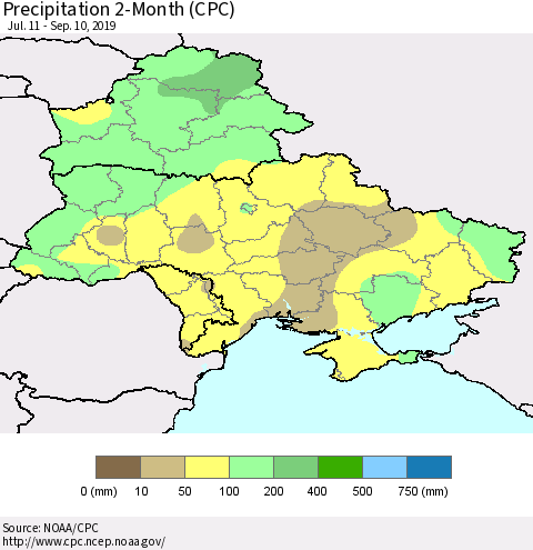 Ukraine, Moldova and Belarus Precipitation 2-Month (CPC) Thematic Map For 7/11/2019 - 9/10/2019