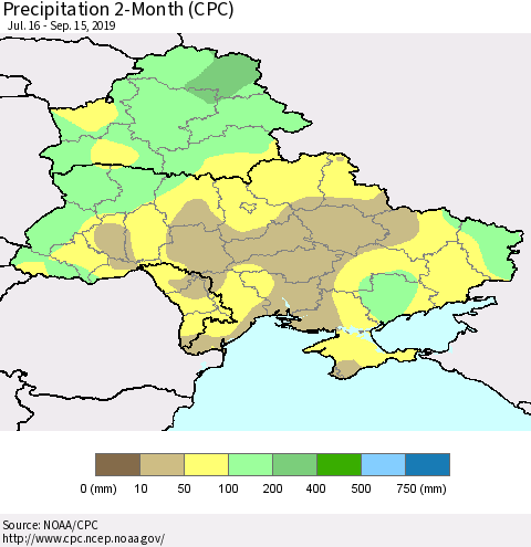 Ukraine, Moldova and Belarus Precipitation 2-Month (CPC) Thematic Map For 7/16/2019 - 9/15/2019