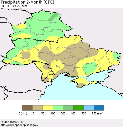Ukraine, Moldova and Belarus Precipitation 2-Month (CPC) Thematic Map For 7/21/2019 - 9/20/2019