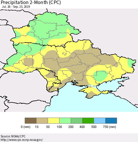 Ukraine, Moldova and Belarus Precipitation 2-Month (CPC) Thematic Map For 7/26/2019 - 9/25/2019