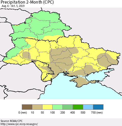 Ukraine, Moldova and Belarus Precipitation 2-Month (CPC) Thematic Map For 8/6/2019 - 10/5/2019