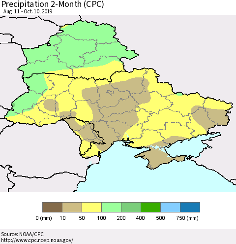 Ukraine, Moldova and Belarus Precipitation 2-Month (CPC) Thematic Map For 8/11/2019 - 10/10/2019