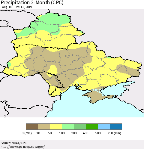 Ukraine, Moldova and Belarus Precipitation 2-Month (CPC) Thematic Map For 8/16/2019 - 10/15/2019