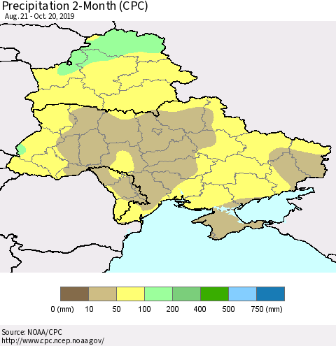 Ukraine, Moldova and Belarus Precipitation 2-Month (CPC) Thematic Map For 8/21/2019 - 10/20/2019