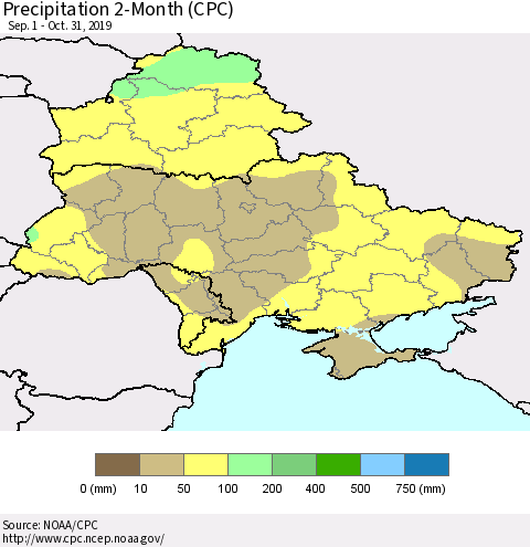 Ukraine, Moldova and Belarus Precipitation 2-Month (CPC) Thematic Map For 9/1/2019 - 10/31/2019