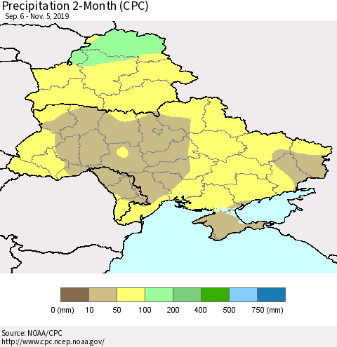 Ukraine, Moldova and Belarus Precipitation 2-Month (CPC) Thematic Map For 9/6/2019 - 11/5/2019