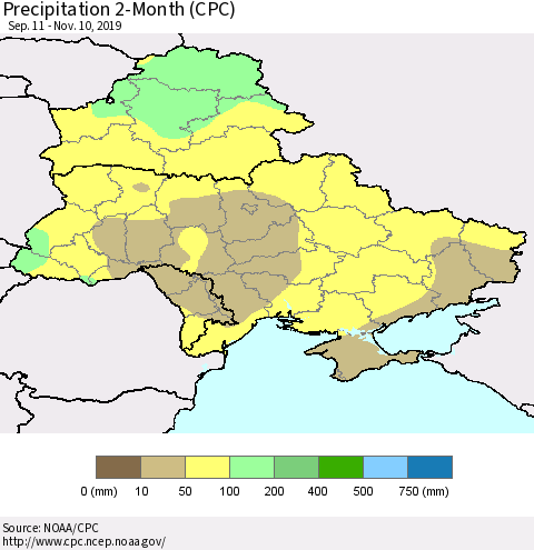 Ukraine, Moldova and Belarus Precipitation 2-Month (CPC) Thematic Map For 9/11/2019 - 11/10/2019