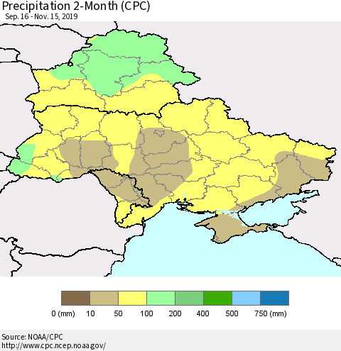 Ukraine, Moldova and Belarus Precipitation 2-Month (CPC) Thematic Map For 9/16/2019 - 11/15/2019
