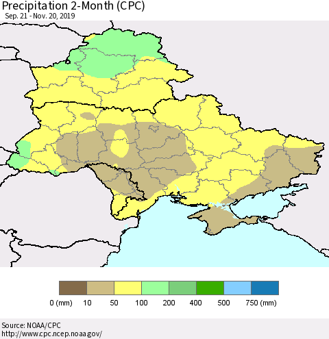 Ukraine, Moldova and Belarus Precipitation 2-Month (CPC) Thematic Map For 9/21/2019 - 11/20/2019