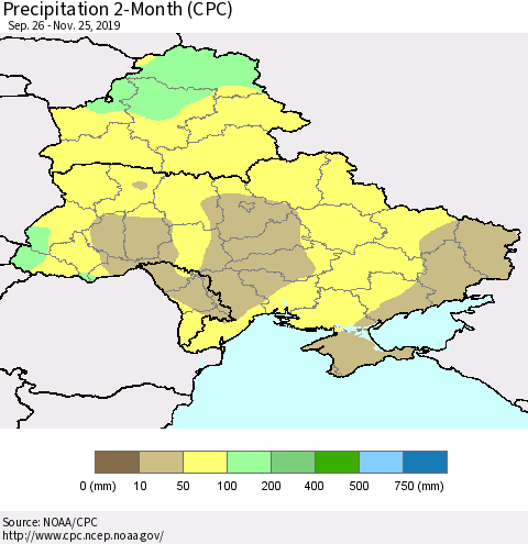 Ukraine, Moldova and Belarus Precipitation 2-Month (CPC) Thematic Map For 9/26/2019 - 11/25/2019