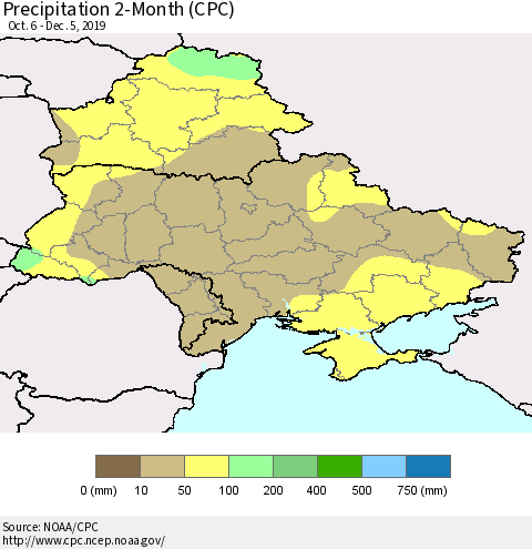 Ukraine, Moldova and Belarus Precipitation 2-Month (CPC) Thematic Map For 10/6/2019 - 12/5/2019