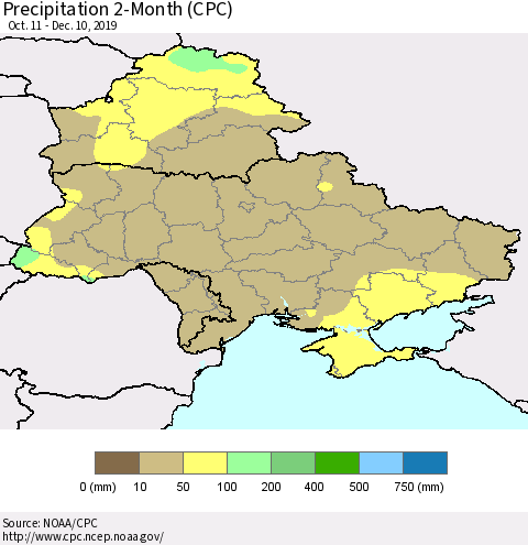Ukraine, Moldova and Belarus Precipitation 2-Month (CPC) Thematic Map For 10/11/2019 - 12/10/2019