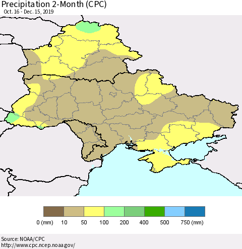 Ukraine, Moldova and Belarus Precipitation 2-Month (CPC) Thematic Map For 10/16/2019 - 12/15/2019