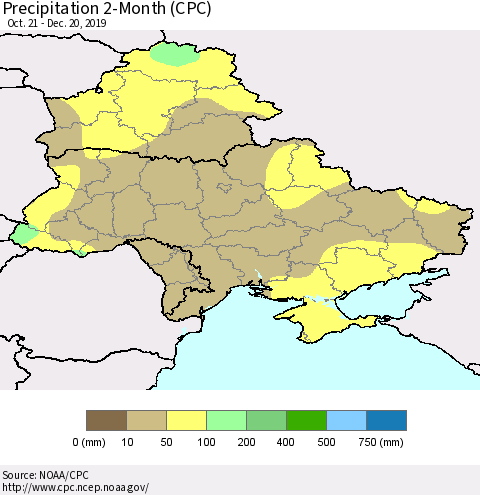 Ukraine, Moldova and Belarus Precipitation 2-Month (CPC) Thematic Map For 10/21/2019 - 12/20/2019