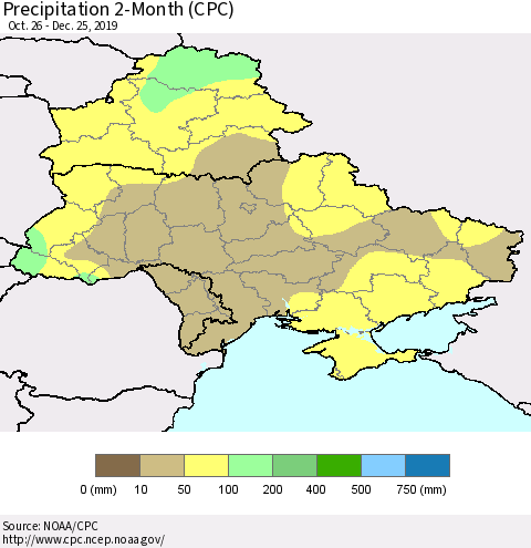Ukraine, Moldova and Belarus Precipitation 2-Month (CPC) Thematic Map For 10/26/2019 - 12/25/2019