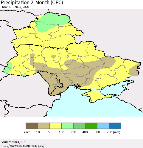 Ukraine, Moldova and Belarus Precipitation 2-Month (CPC) Thematic Map For 11/6/2019 - 1/5/2020