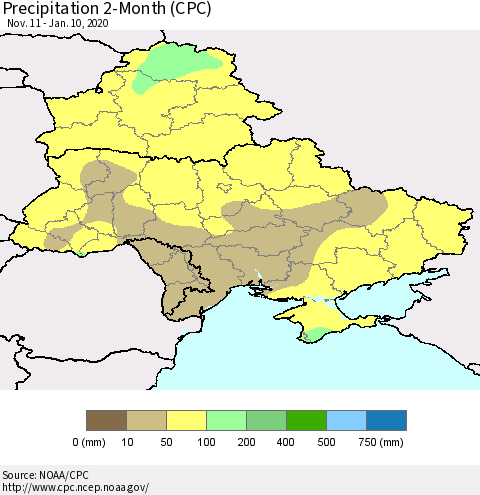Ukraine, Moldova and Belarus Precipitation 2-Month (CPC) Thematic Map For 11/11/2019 - 1/10/2020