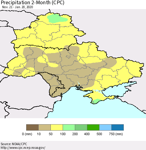 Ukraine, Moldova and Belarus Precipitation 2-Month (CPC) Thematic Map For 11/21/2019 - 1/20/2020