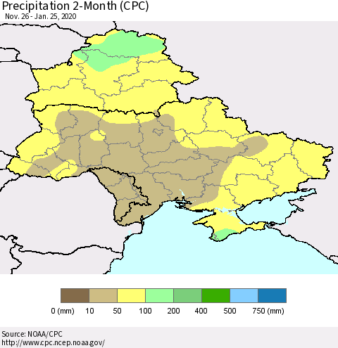 Ukraine, Moldova and Belarus Precipitation 2-Month (CPC) Thematic Map For 11/26/2019 - 1/25/2020