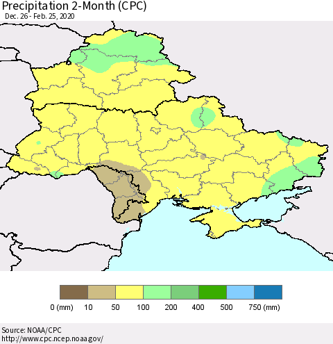 Ukraine, Moldova and Belarus Precipitation 2-Month (CPC) Thematic Map For 12/26/2019 - 2/25/2020