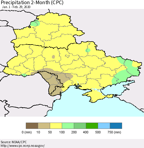 Ukraine, Moldova and Belarus Precipitation 2-Month (CPC) Thematic Map For 1/1/2020 - 2/29/2020
