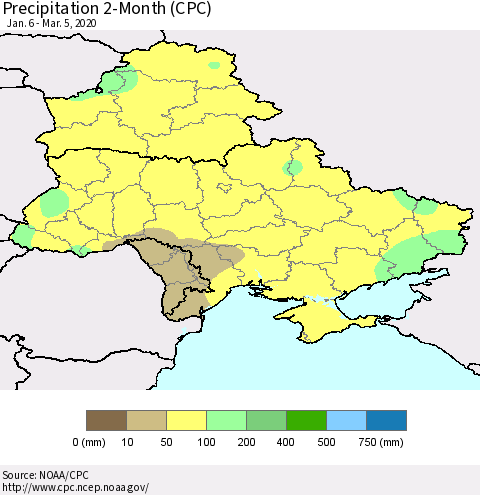 Ukraine, Moldova and Belarus Precipitation 2-Month (CPC) Thematic Map For 1/6/2020 - 3/5/2020