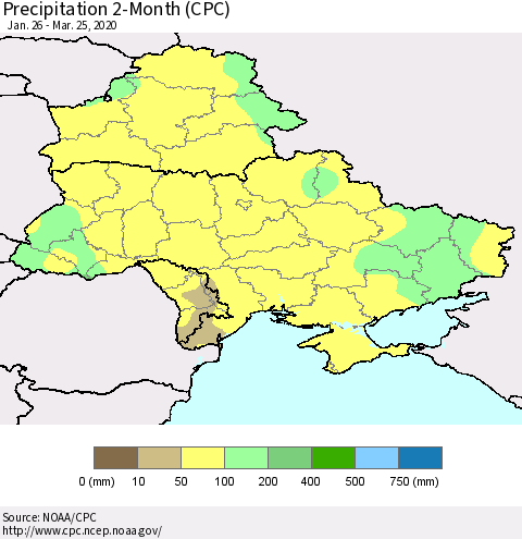Ukraine, Moldova and Belarus Precipitation 2-Month (CPC) Thematic Map For 1/26/2020 - 3/25/2020