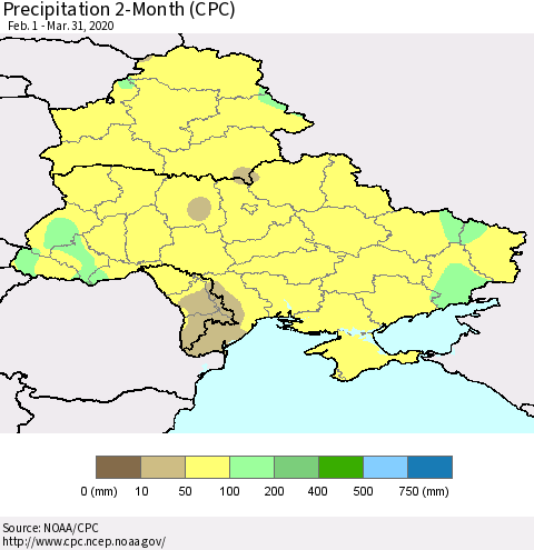 Ukraine, Moldova and Belarus Precipitation 2-Month (CPC) Thematic Map For 2/1/2020 - 3/31/2020