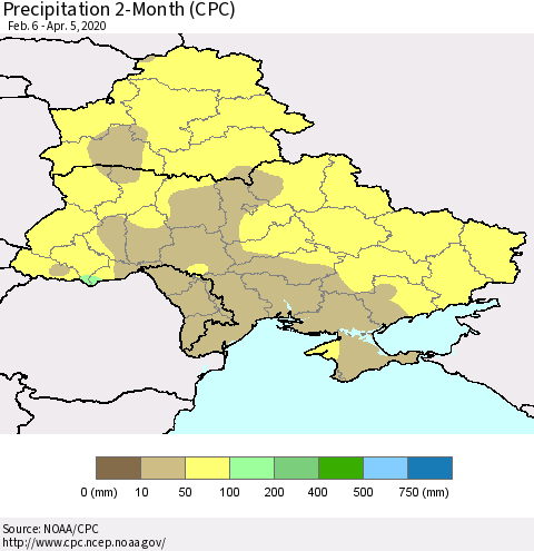 Ukraine, Moldova and Belarus Precipitation 2-Month (CPC) Thematic Map For 2/6/2020 - 4/5/2020