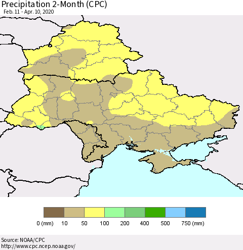 Ukraine, Moldova and Belarus Precipitation 2-Month (CPC) Thematic Map For 2/11/2020 - 4/10/2020