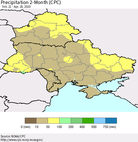 Ukraine, Moldova and Belarus Precipitation 2-Month (CPC) Thematic Map For 2/21/2020 - 4/20/2020